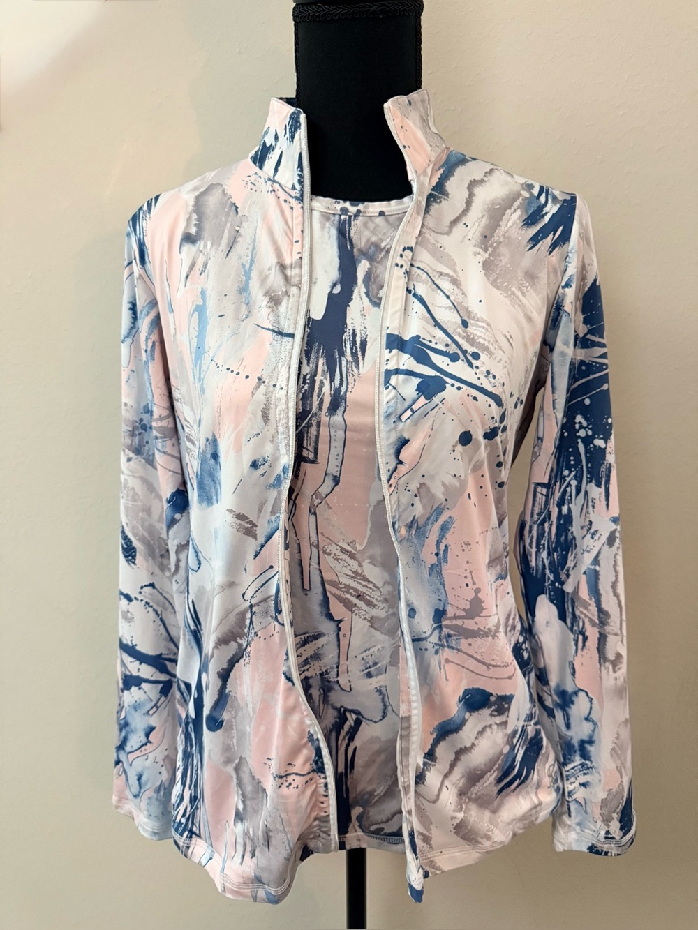 Abstract Watercolor Print Zip Jacket and Tank Set - Pastel Blue & Pink